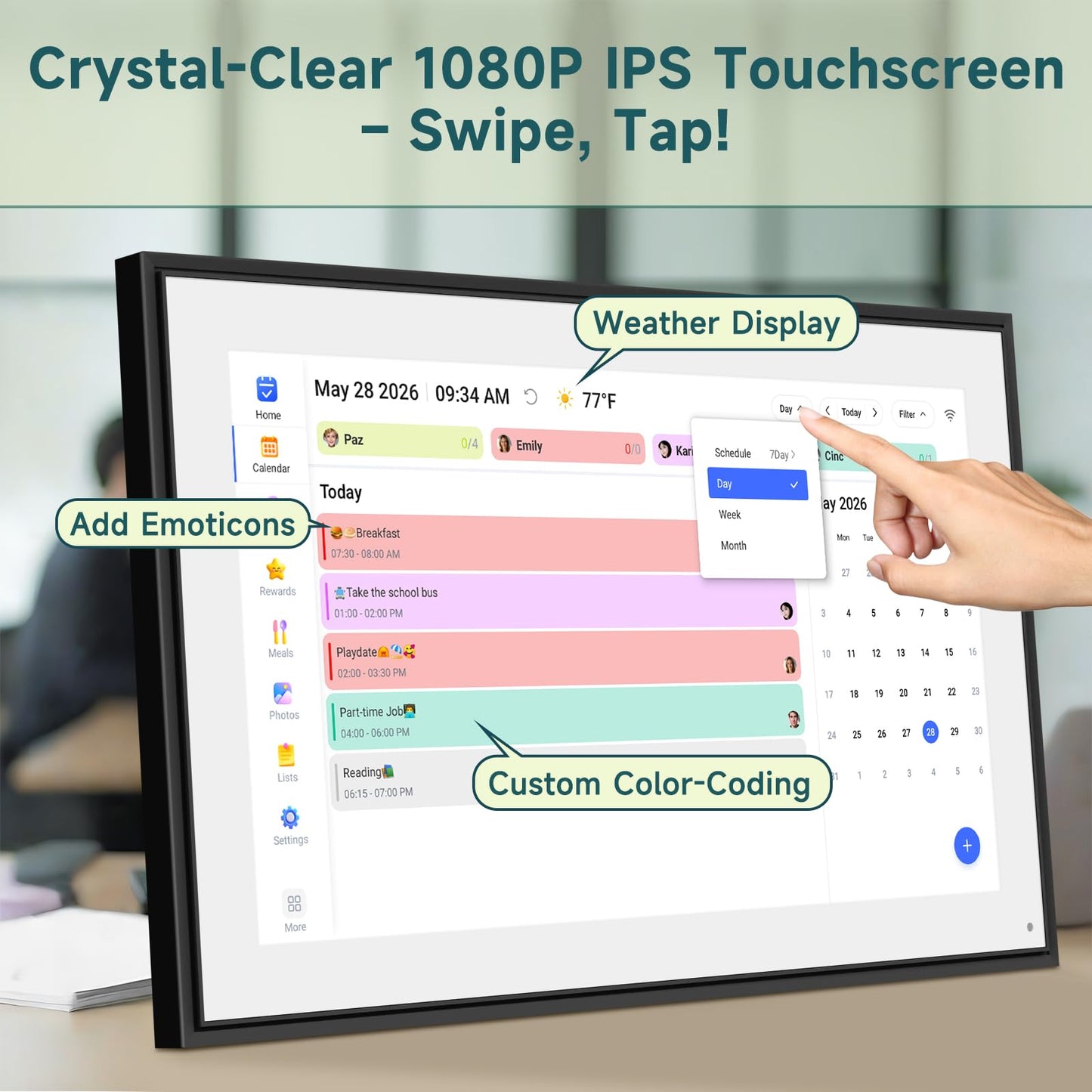 Digital Calendar 21.5 Inch with Chore Rewards – Smart Electronic Family Organizer, Touchscreen Wall Calendar, Meal Planner & Photo Frame, Syncs with Google/iCloud, for Wall or Desk, Black