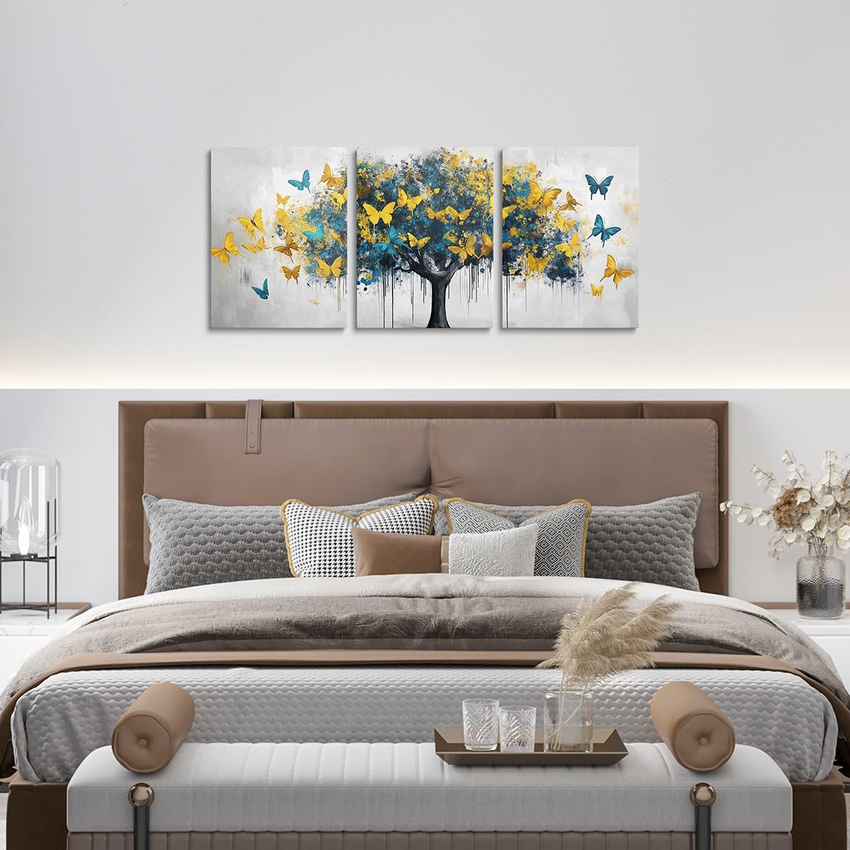 jejeloiu Blue Golden Tree Canvas Wall Art for Living Room Bedroom 12"x16"x3pcs Butterflies Picture Wall Decor for Bathroom Natural Scenery Office Decorations Artwork Posters Oil Painting Painting