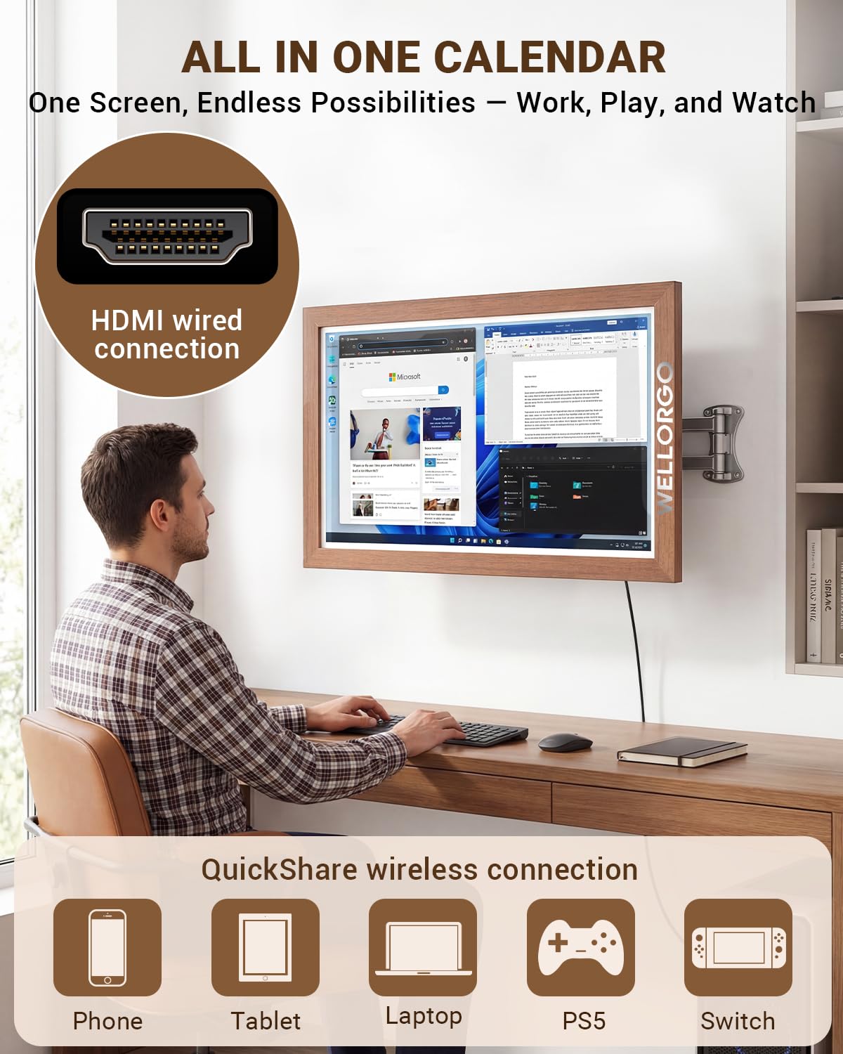 WELLORGO Digital Calendar Touch Screen, 21.5-inch Electronic Calendar for Wall, Smart Digital Planner with Kids' Chores Chart/Meal Plan/Streaming Services/Photo Display, Remote Control Supported