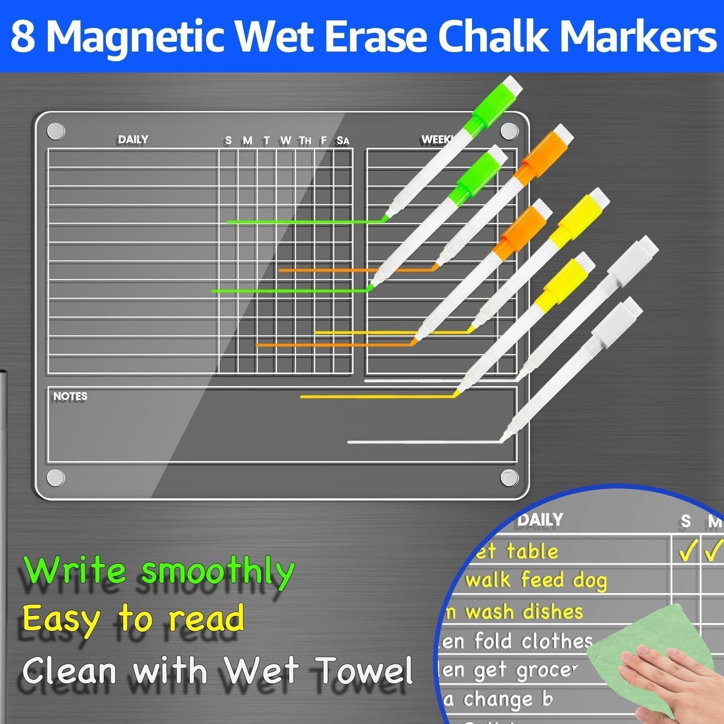 PigPotParty Acrylic Magnetic Chore Chart for Adults, 12x9.5 Inch Clear Dry Erase Chore Board for Fridge, Daily Weekly and Notes Sections, Pre-Installed Embedded Magnets, 8 Fine-tip Markers and Towel