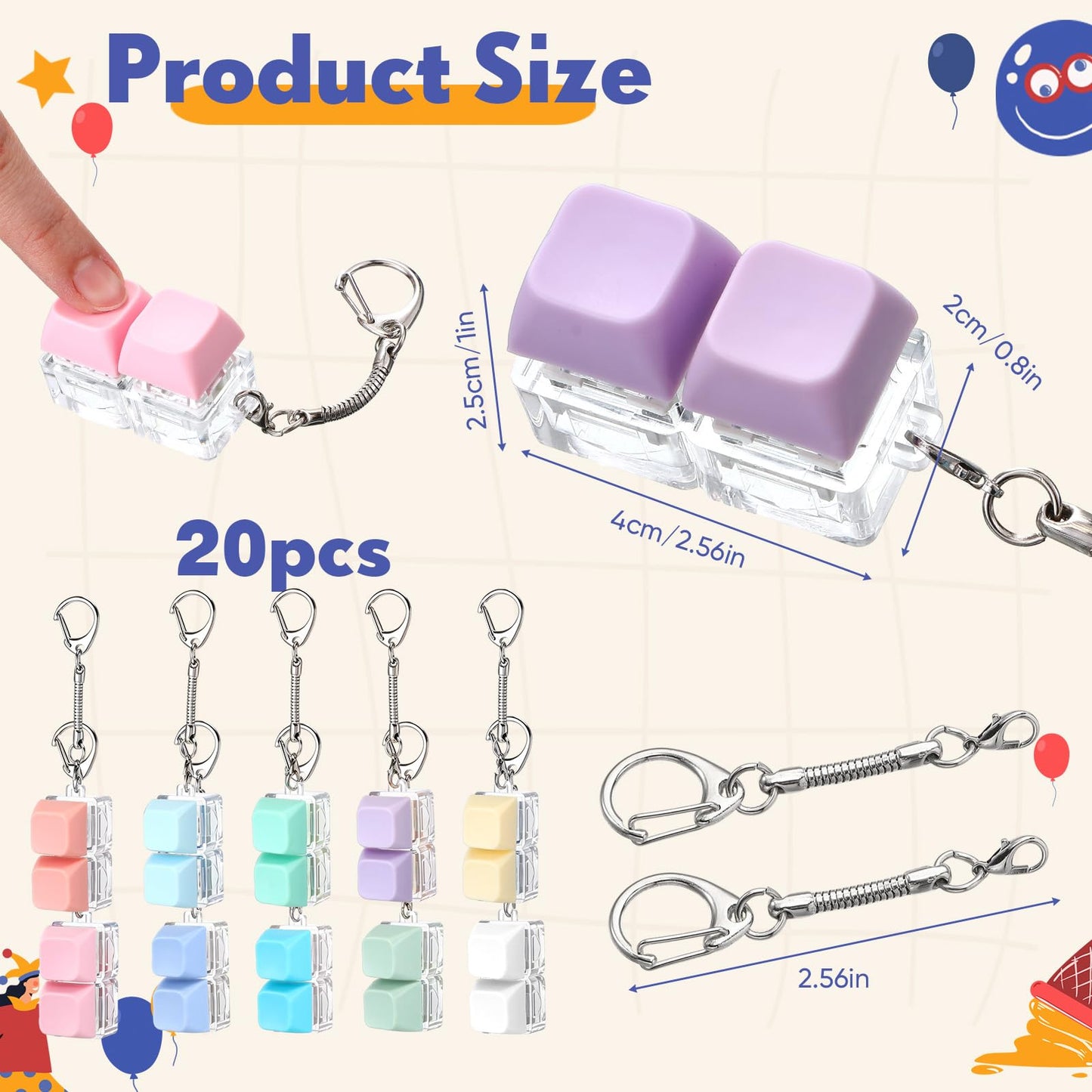 Lewtemi 20 Pcs Keyboard Fidget Toy Clicker Keyboard Fidget Keychain Decompression Button Clicker Toys for Adult Button Stress Relief to Relax Stress Anxiety Decompression Gifts (Macaron Colors)