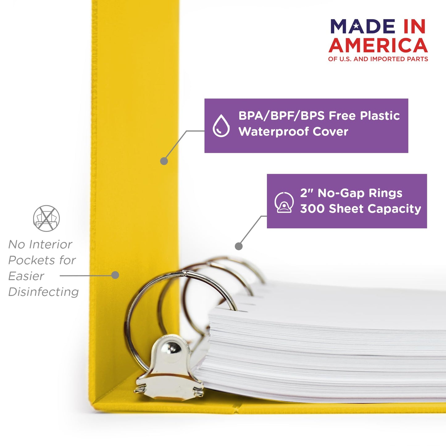 Carstens 2-Inch Heavy Duty 3-Ring Binder - Side Opening, Yellow, Durable Plastic, Precision No-Gap Rings, Waterproof Covers, No Pockets, Holds 300 Letter-Sized Sheets, BPA-Free, Made in USA (2842-3R)
