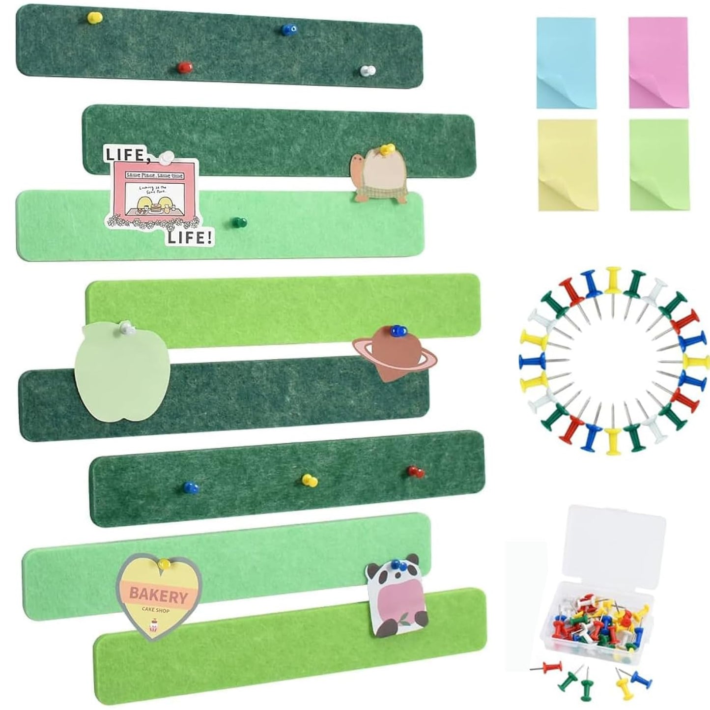 Vuzvuv 8Pcs Green Cork Board Bar Strips with 50 Pushpins & Sticky Notes, Self-Adhesive Bulletin Board Strips No Damage for Wall, Felt Pin Board for Paste Notes, Photos, Schedules Office Decor