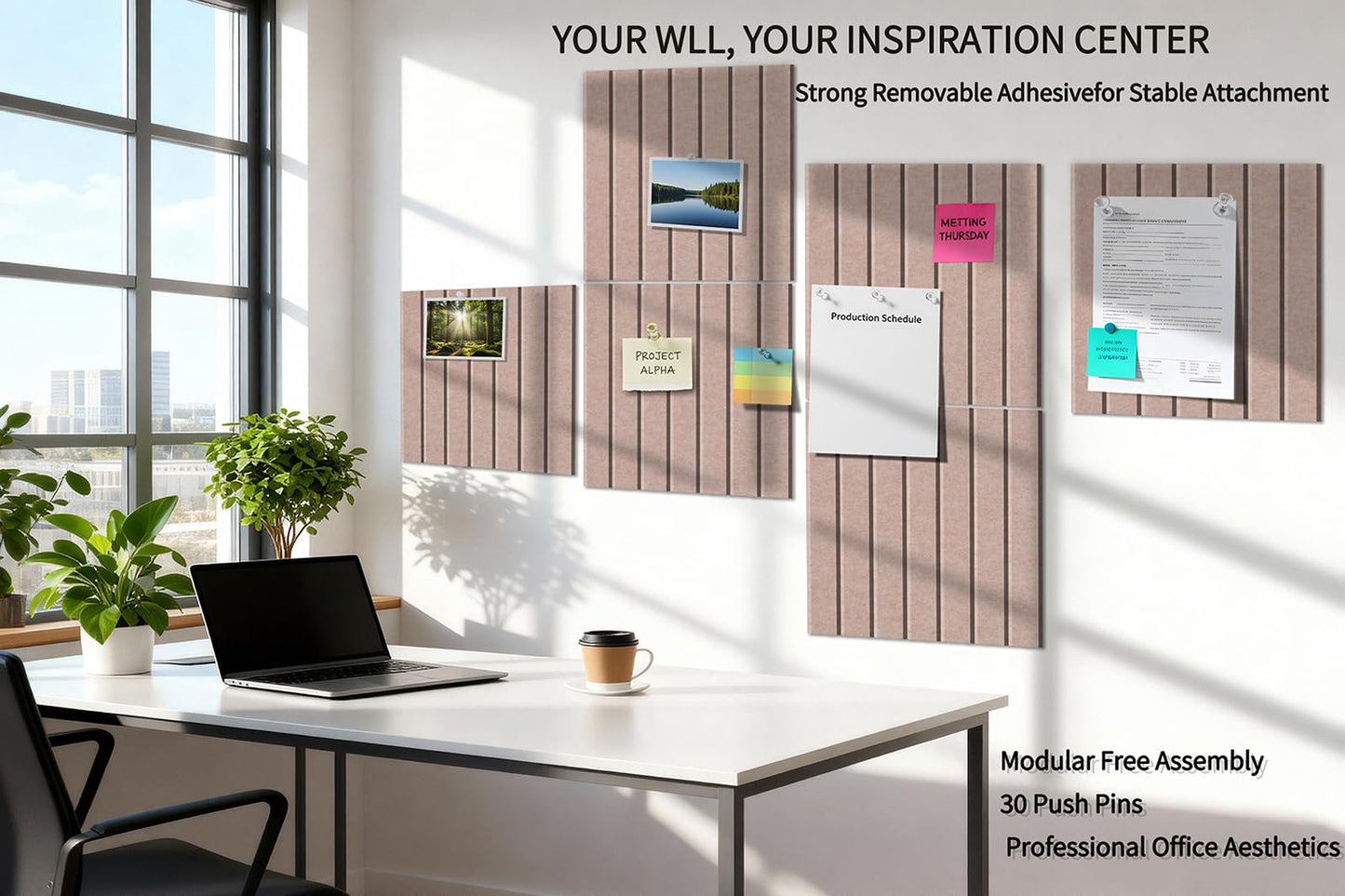 12 Pack Bulletin Boards 48" x 36" Alternative Cork Board for Office,Built-in Storage Device，Large Cork Boards for Walls ， Felt Wall Tiles, Contains Removable Security Stickers and PushPins (V-Beige)