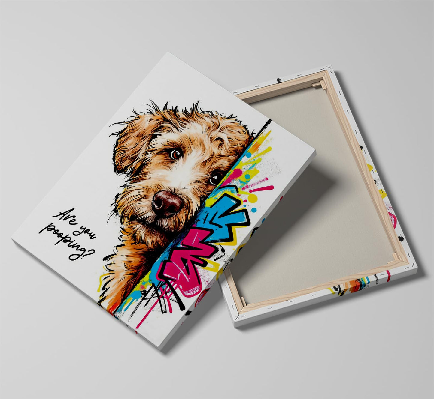 12x16“ Funny Goldendoodle Dog Bathroom Wall Art, Are You Pooping? Graffiti Pet Canvas Print, Humorous Restroom Poster Decor for Bathroom Toilet, Modern Pop Art Dog Lover Picture (Framed)