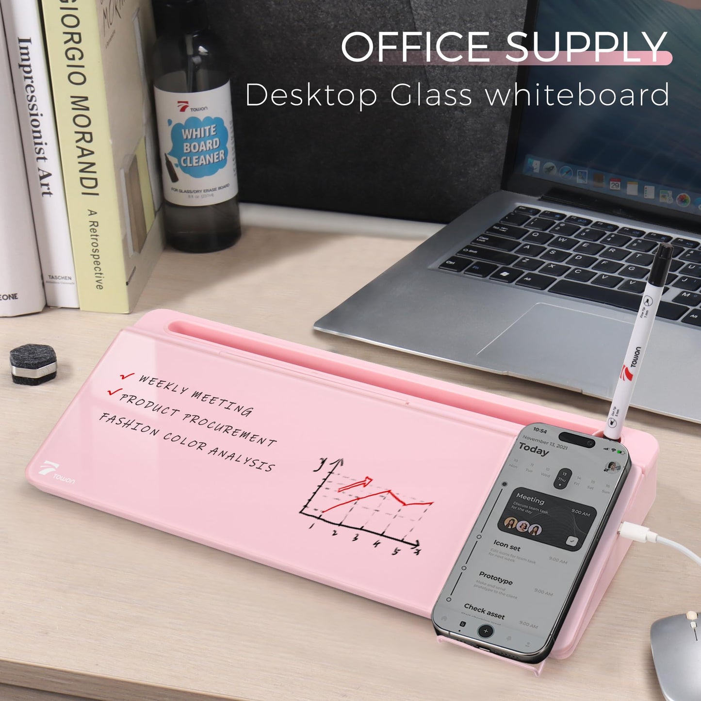 TOWON Desktop Glass Whiteboard with Charger Pad, Small Desk Whiteboard - Glass Dry Erase White Board- Desk Computer Buddy with Storage, Mirror and Charging Station, Pink, 17 x 6 in