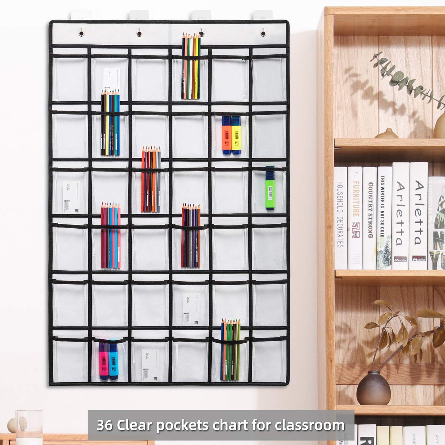 SAVERHO 36 Clear Pockets Classroom Pocket Chart for Cell Phones, Pocket Chart for Calculator Phone Holder with 36 Number Stickers and Hooks (White)