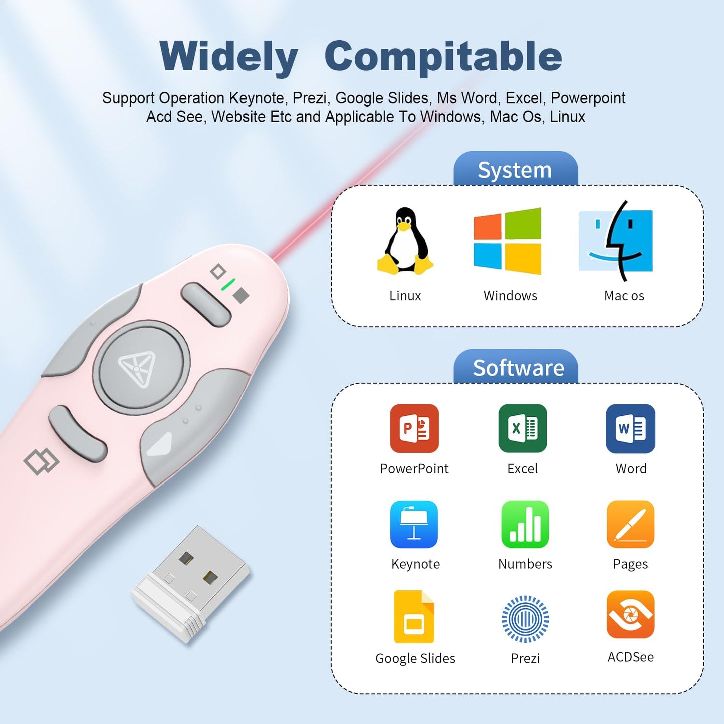 QUI 2 Pack Wireless Presenter PowerPoint Clicker, RF 2.4GHz USB Presentation Clicker for Google Slides, Keynote, Mac, Windows (USB, Pink)