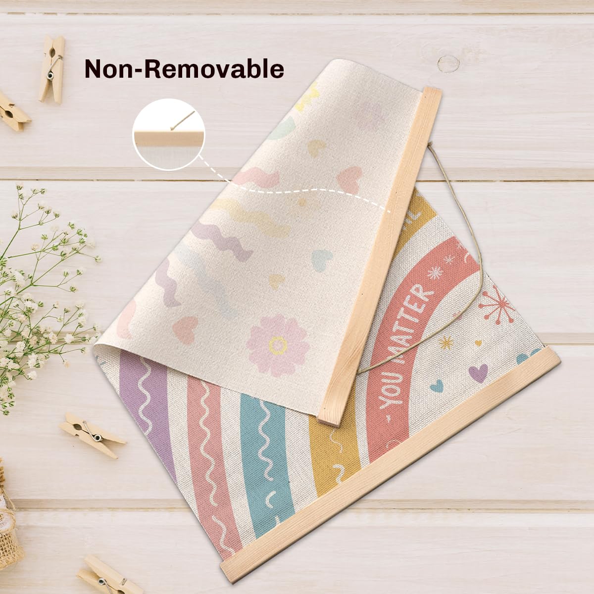 2PCS Nursery Girls Kids Room Poster Hanger, Boho Rainbow Flag Banner Nursery Wall Art Hanging Banner With Wooden Frames for Classroom Girls Playroom Bedroom Toddler Room Decor 15.8x11.8 Inch