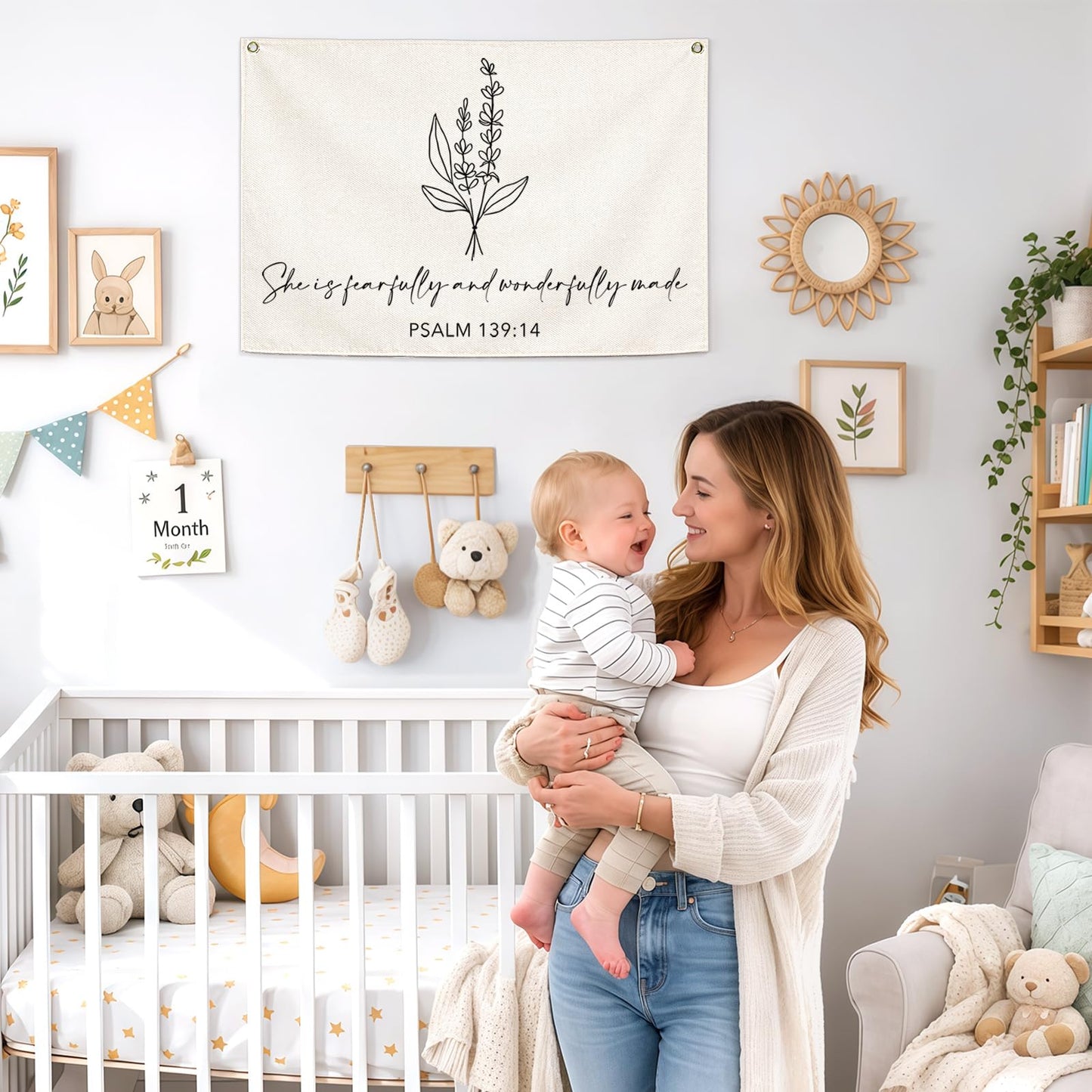Nursery Scripture Bible Verse-Christian Botanical Decor-Rectangular Banner Flag Poster Wall Decor for Nursery,Bedroom,Playroom,Baby Kids Girl Boy Teen-Christmas Gift-28.5"L×20"W