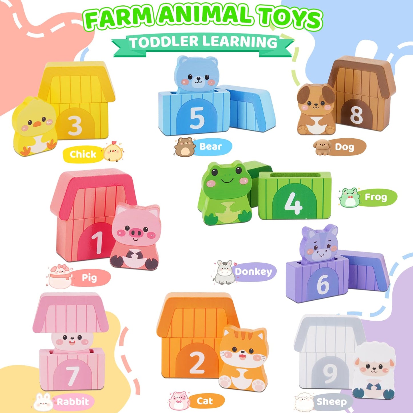 Montessori Wooden Farm Animals Toys for 1 2 3 Year Old Toddlers - Counting, Matching & Sorting Fine Motor Games, 1st Birthday Gifts for 1-2 Years, Learning Toys for Baby Boys Girls Age 12-18 Months