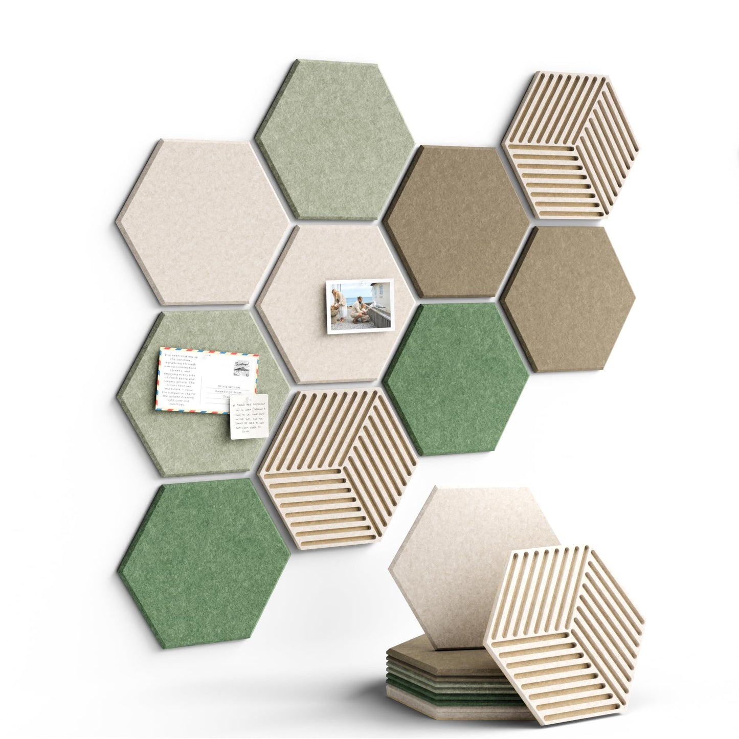 Fluxynara Hexagon Cork Board Alternative for Walls Decor-10-Pack Felt Bulletin Board Tiles,with 30 Pushpins,50 Adhesive Tabs for Office,Classrooms & Home Pin Board Felt Board-Moss Haven