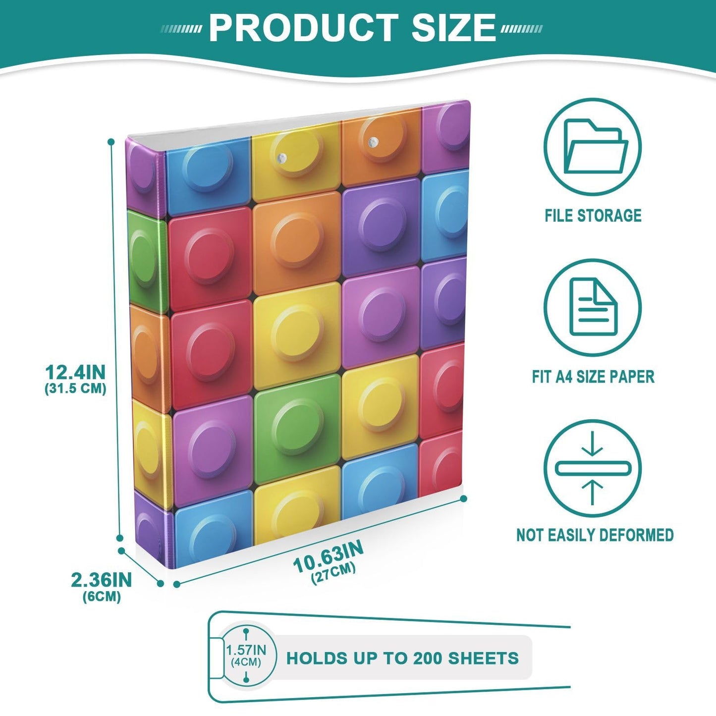FRCSDIY Colorful Building Blocks 3 Ring Binder Round Rings 1 Pack,Holds 200 Sheets Ring Binders for School Supplies, Office or Home