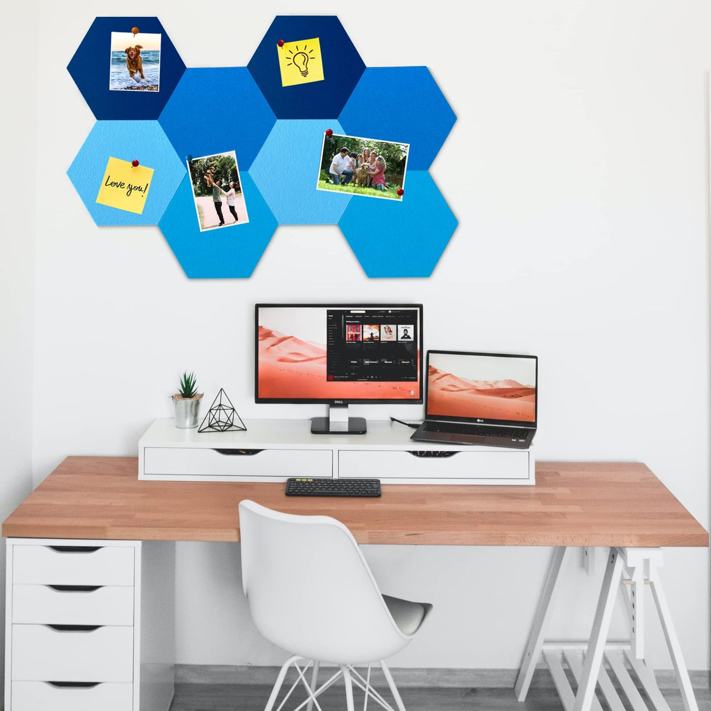HULAVO 8Pcs Hexagon Felt Cork Board Tiles, Self Adhesive DIY Bulletin Board Pin Board for Office School Home Wall Decor Stickers Memos Photos Display (Gradual Blue)