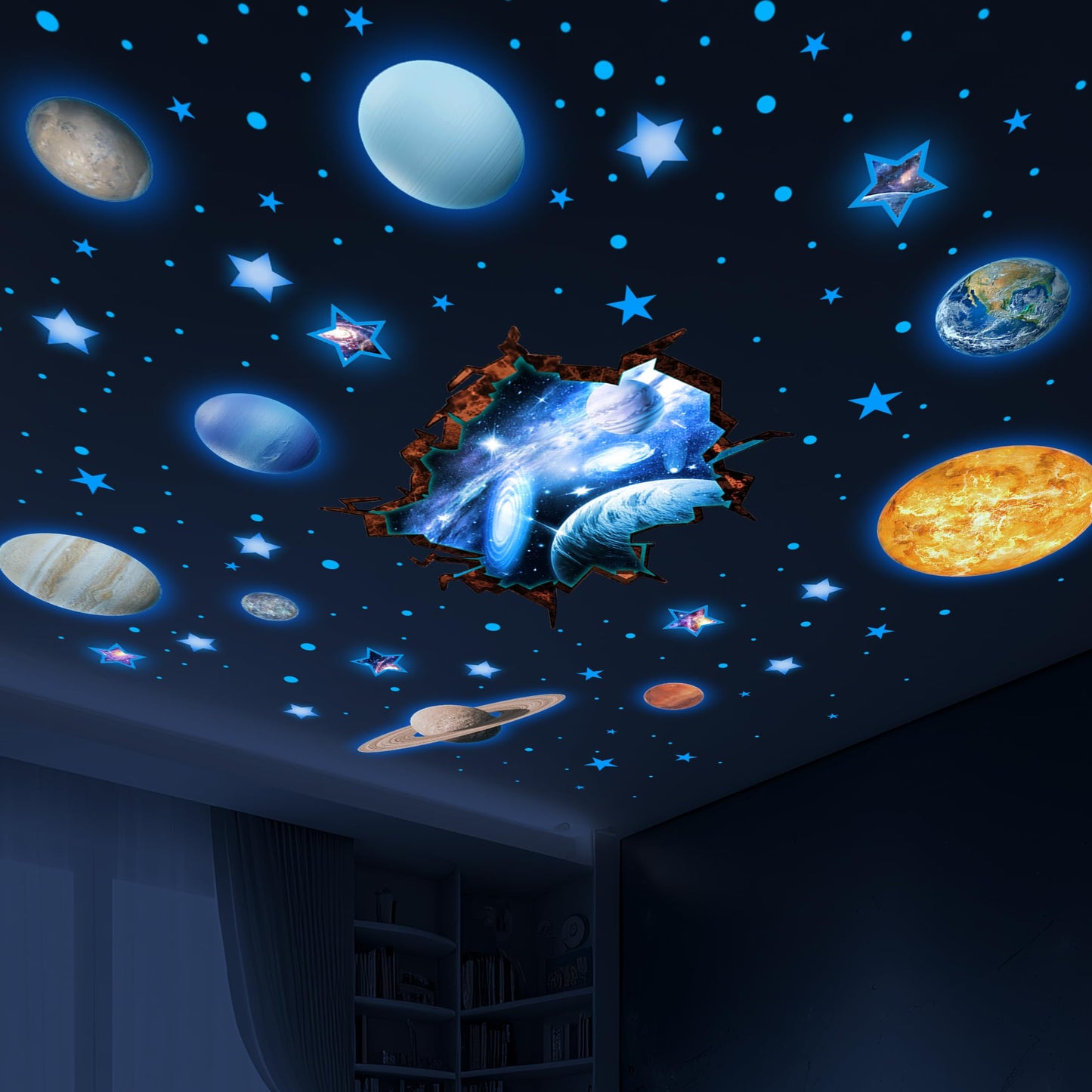 Robmoda Stars and Planets Wall Decals Glow in The Dark, Sun Solar System Stickers for Ceiling, Space Wall Sticker for Kids Room (Blue)