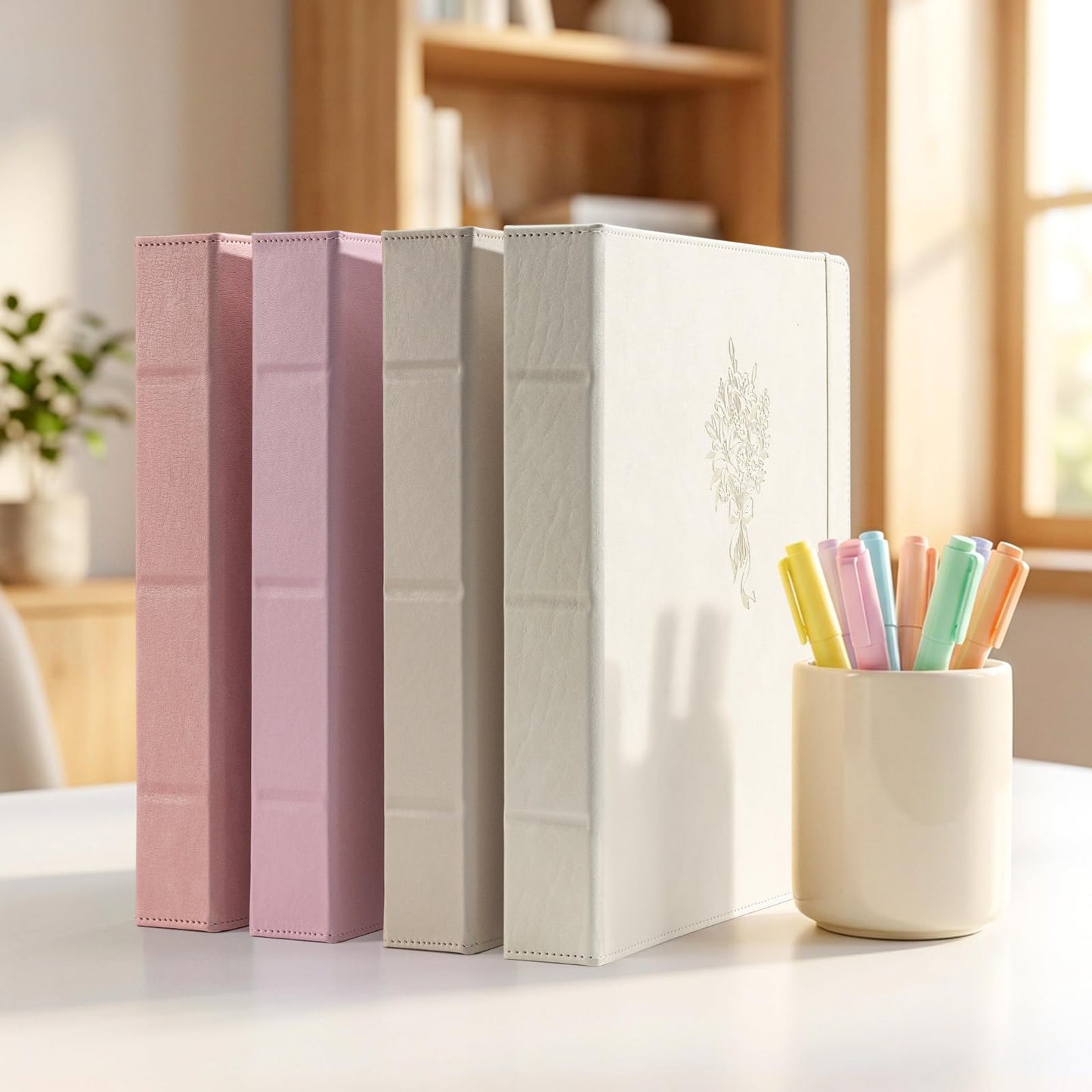 Ospelelf Leather 3 Ring Binder for Letter Size Documents with Pocketed Dividers, 1 Inch Round Rings, Holds 175 Sheets, Binders with Storage Bag & Notepad, for Office School Home Organization, White