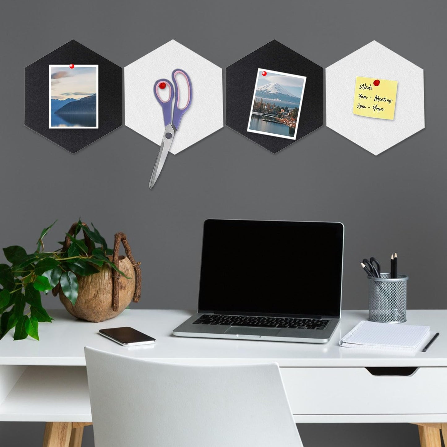 8 Packs Black White Hexagon Felt Pin Board, 12" Bulletin Board with 30 Push Pins, Felt Board for Home Kitchen Office Decor, Self-Adhesive Corkboard Tiles for Walls Message Photos Memos Display