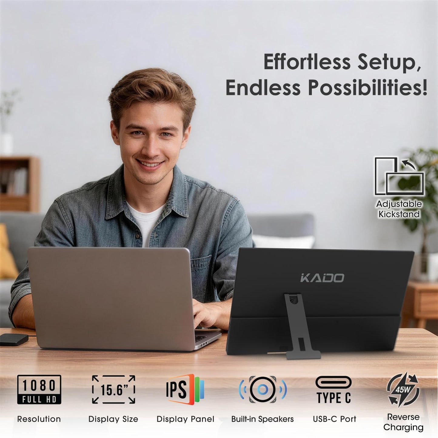 Kado 15.6 Inch FHD Portable Monitor for Laptop, 1080p Second Display IPS 1920x1080, 45W Reverse Charging HDMI USB-C Laptop Screen Extender, Kickstand for PC, Mac, Dex, Tablet, Xbox, PS4/PS5, Switch