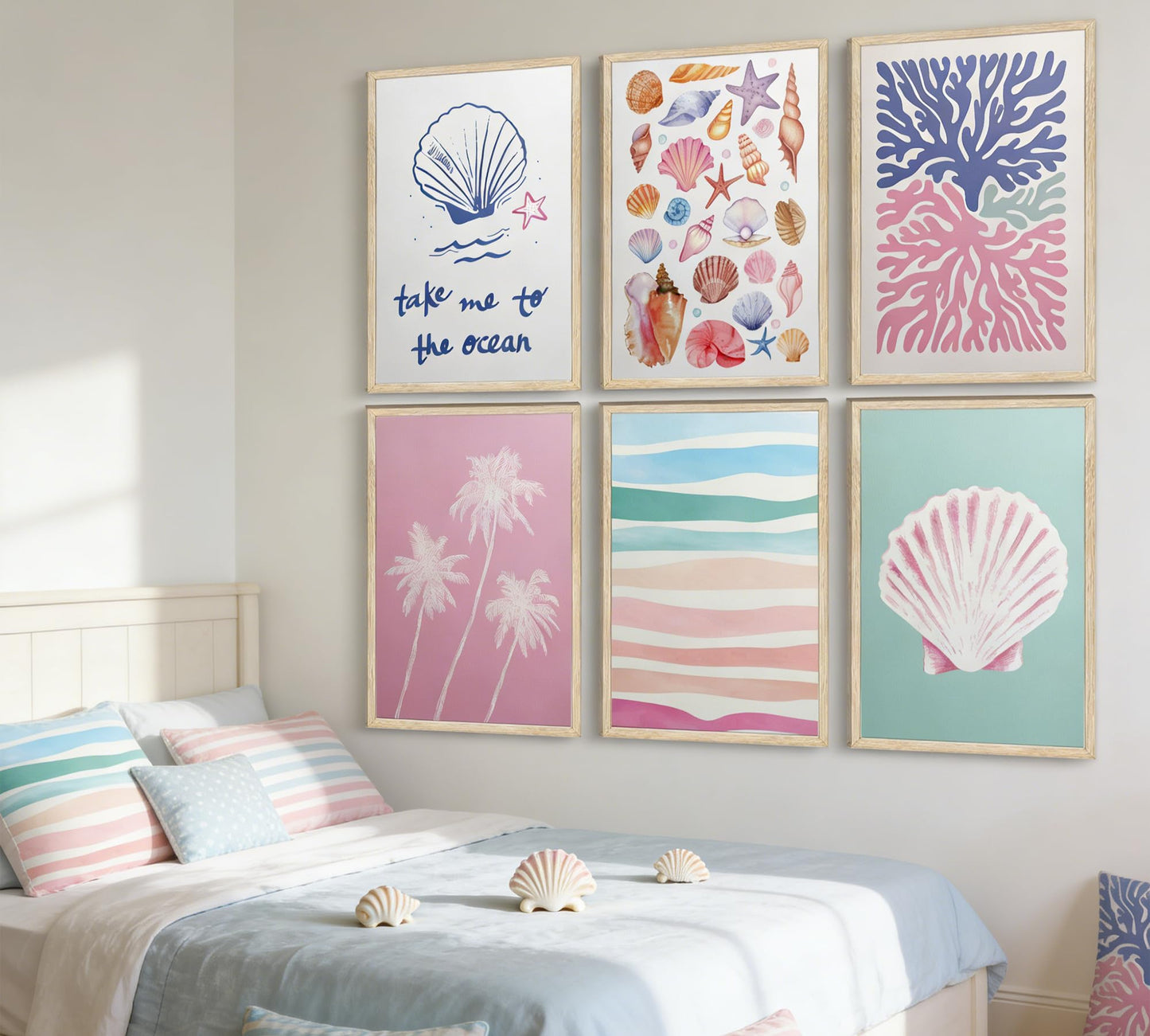 Pink and Blue Coastal Wall Art, 6 Pcs Preppy Beach Wall Decor, Unframed Canvas Posters for Bathroom Bedroom, Seashell Coral Palm Tree Ocean Prints, Neutral Boho Beach House Decor 12x16in Unframed