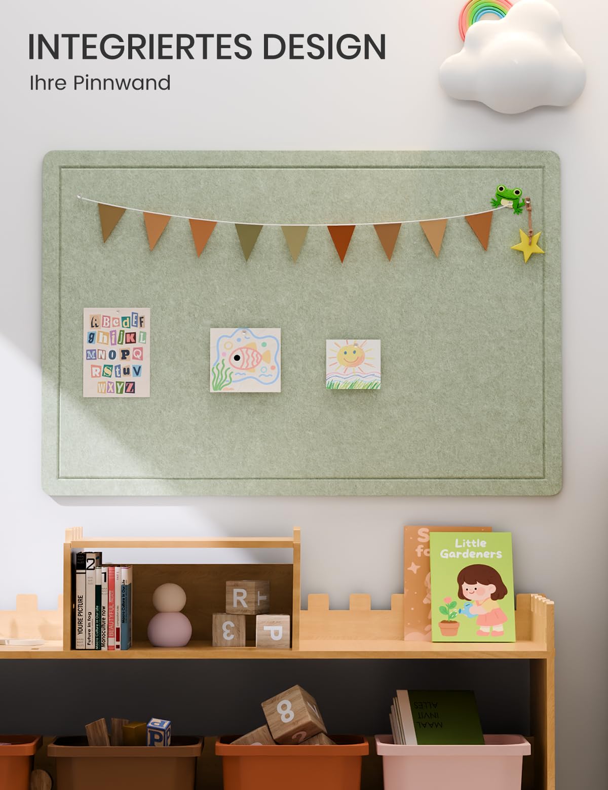 Fluxynara Bulletin Board, 35.4" x 23.6" Cork Board Alternative with 12 Safe Removable Adhesive Tabs, Foldable Felt Pin Board for Home Office, Classroom, Bedroom,Entryway for Walls—Sage