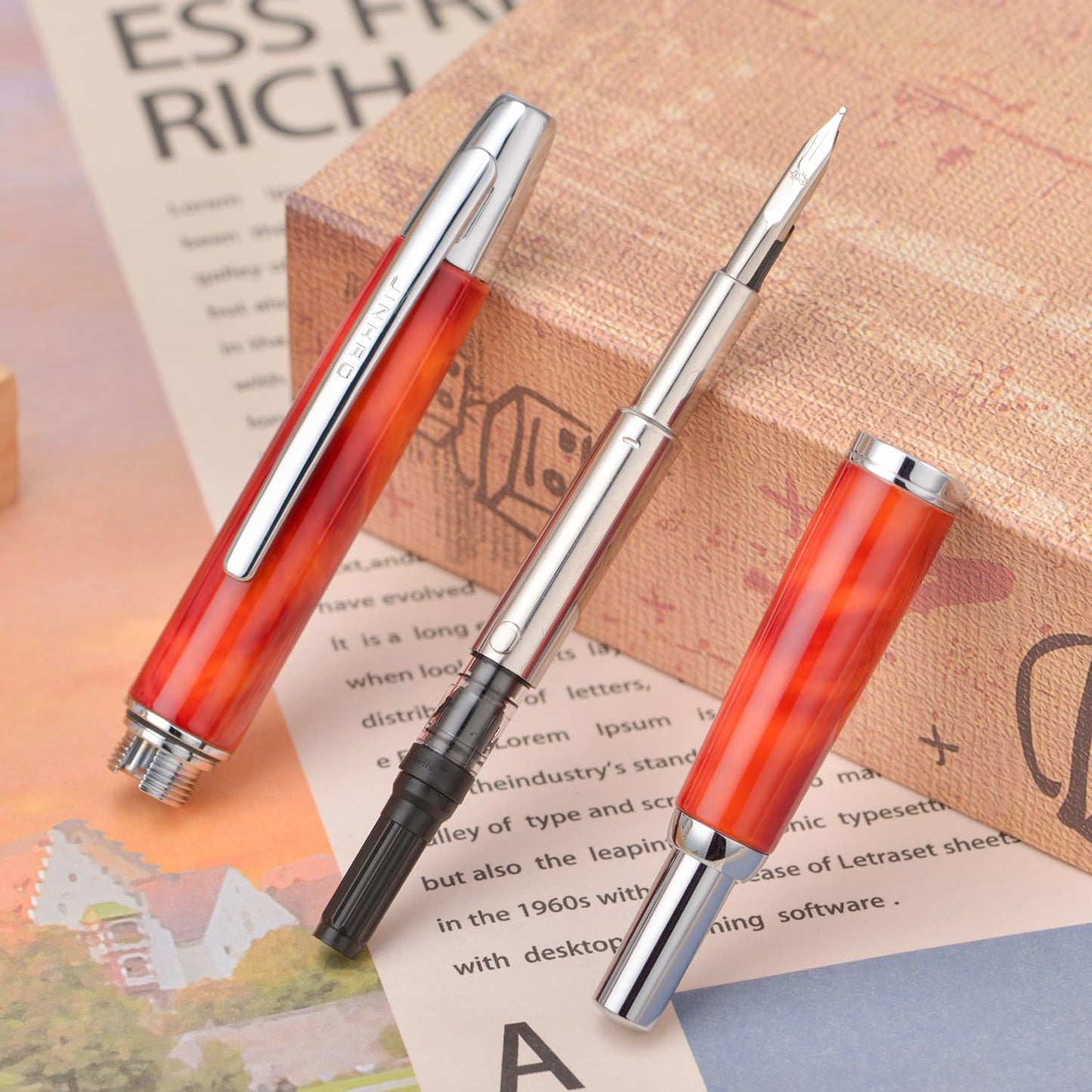 Jinhao 10 Press Fountain Pen with Box, Volcanic Red Retractable Extra Fine Nib with Ink Converter Set (Silver Clip)