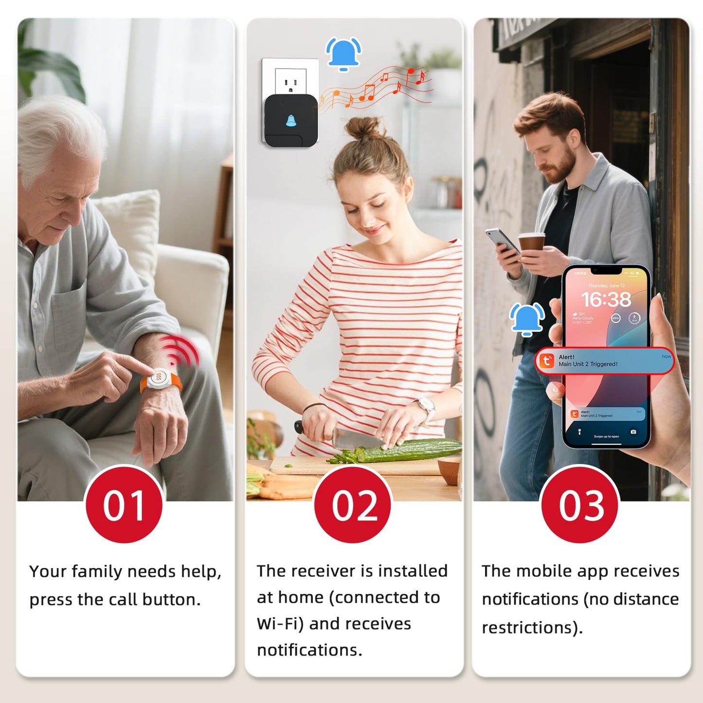 CallToU Wi-Fi Wireless Caregiver Pager Call Button for Elderly at Home , APP Emergency Alert for Seniors, Patients, and the Disabled with 1 Call Button, 1 Watch Button, 1 Receiver (2.4GHz Wi-Fi)