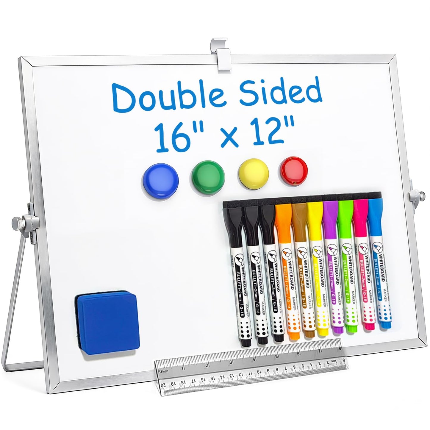 Teridokor Dry Erase Magnetic Whiteboard Double-Sided 16"x12" - Portable Desktop Whiteboard with Stand for Memo to Do List Office Home Drawing (10 Markers, 4 Magnets, 1 Eraser, 1 Ruler)
