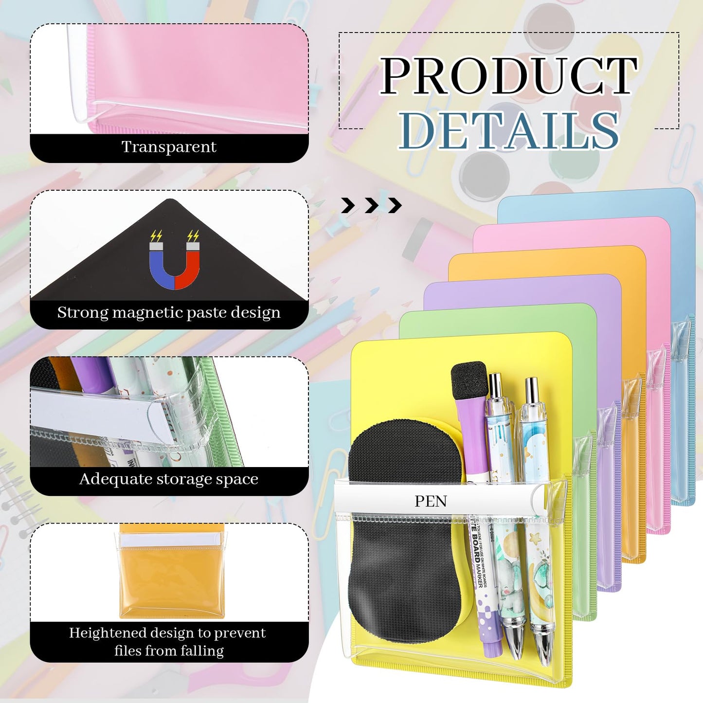 Sherr 6 Pcs 6 Pcs Magnetic Pockets Pen Marker Holders for Classroom Whiteboard 4.7 x 6.5 Magnetic Clear File for Fridge Locker Dry Erase Marker Storage Teacher Supplies (4.7 x 6.5 in,Macaron)