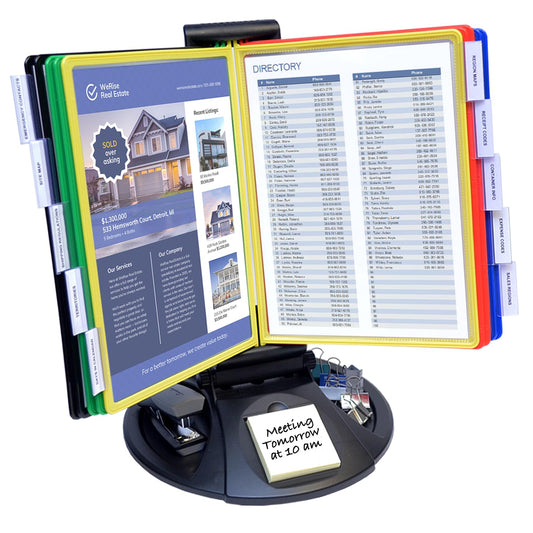 Ultimate Office AdjustaView 10-Pocket Desk Reference Organizer with Supplies Storage Base and EZ-LOAD Pockets to Hold 20 Sheets of Paper, Includes Fast Find Indexing Tabs (Colored Pockets)