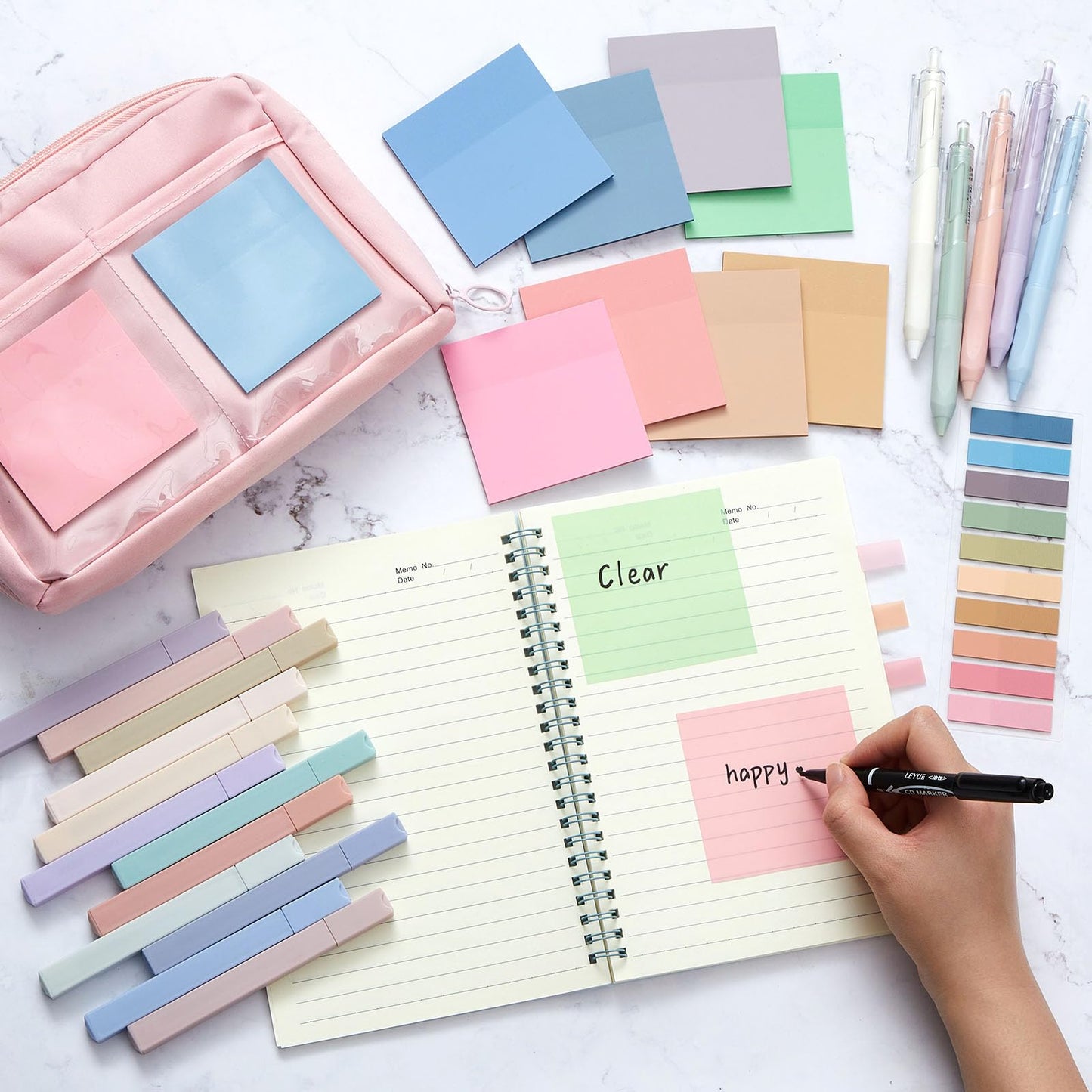 Jutom 39 Pcs Aesthetic Book Annotation Kit Highlighter with Case Bag Gel Pen Transparent Sticky Note Taking Bible Supplies(Pink,Kawaii Style)