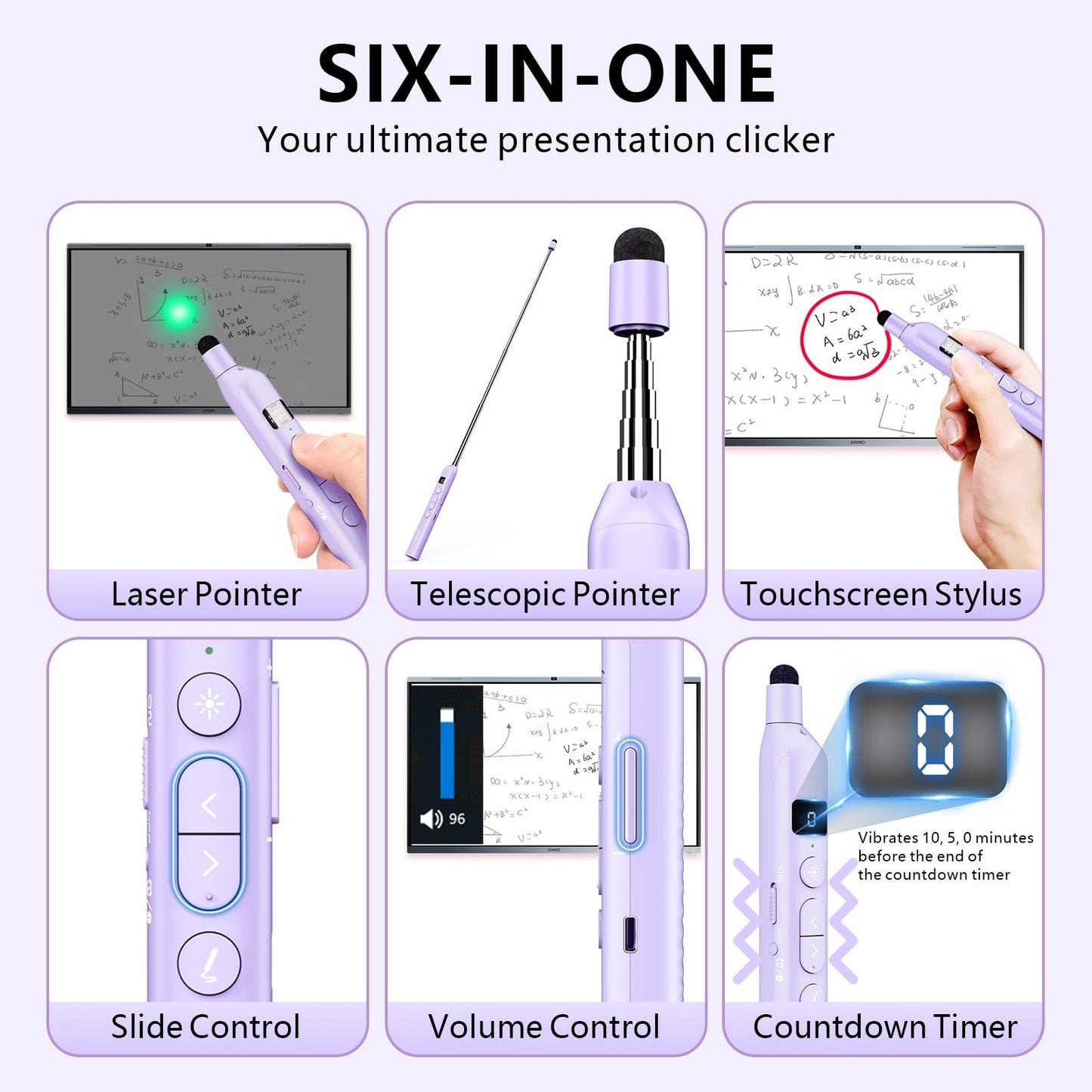 Norwii N21 Bluetooth Presentation Clicker with Telescopic Teaching Pointer, Presentation Remote with Retractable Stick for PowerPiont, Wireless Presenter, Slide Advancer - Purple