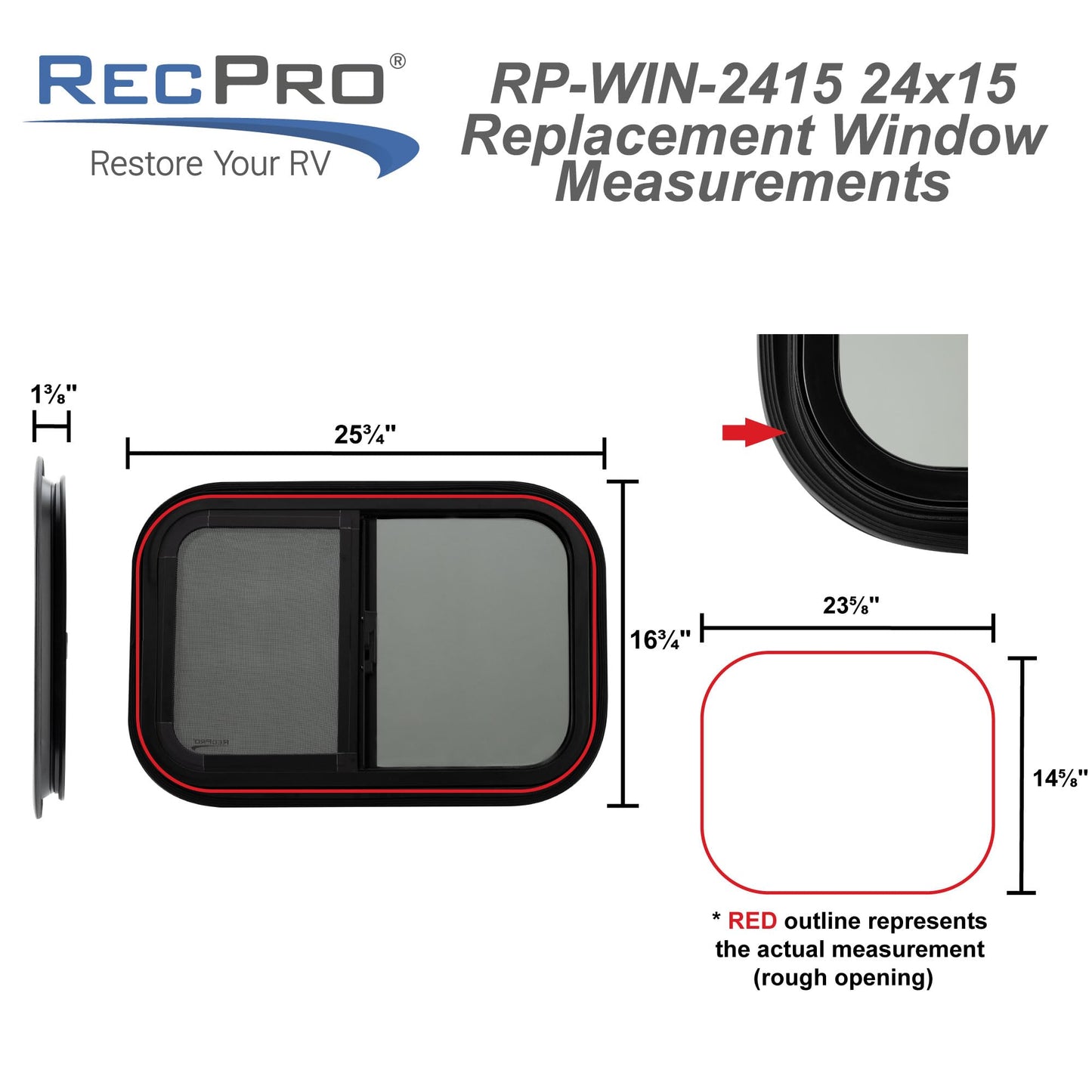 RecPro RV Window Replacement | Teardrop Style | 24inW x 15inH | Horizontal Sliding | Black | Model RP-WIN