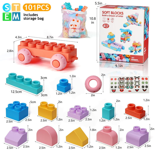 Soft Block Sets for Toddler Aged 2 3 4 5 6 Years Old.Preschool Toy for Early Childhood Education and I-Interactive.Toddler Block Toys with 101 Pieces and Storage Bag.Gift Ideas for Kids Age 18+ mouths