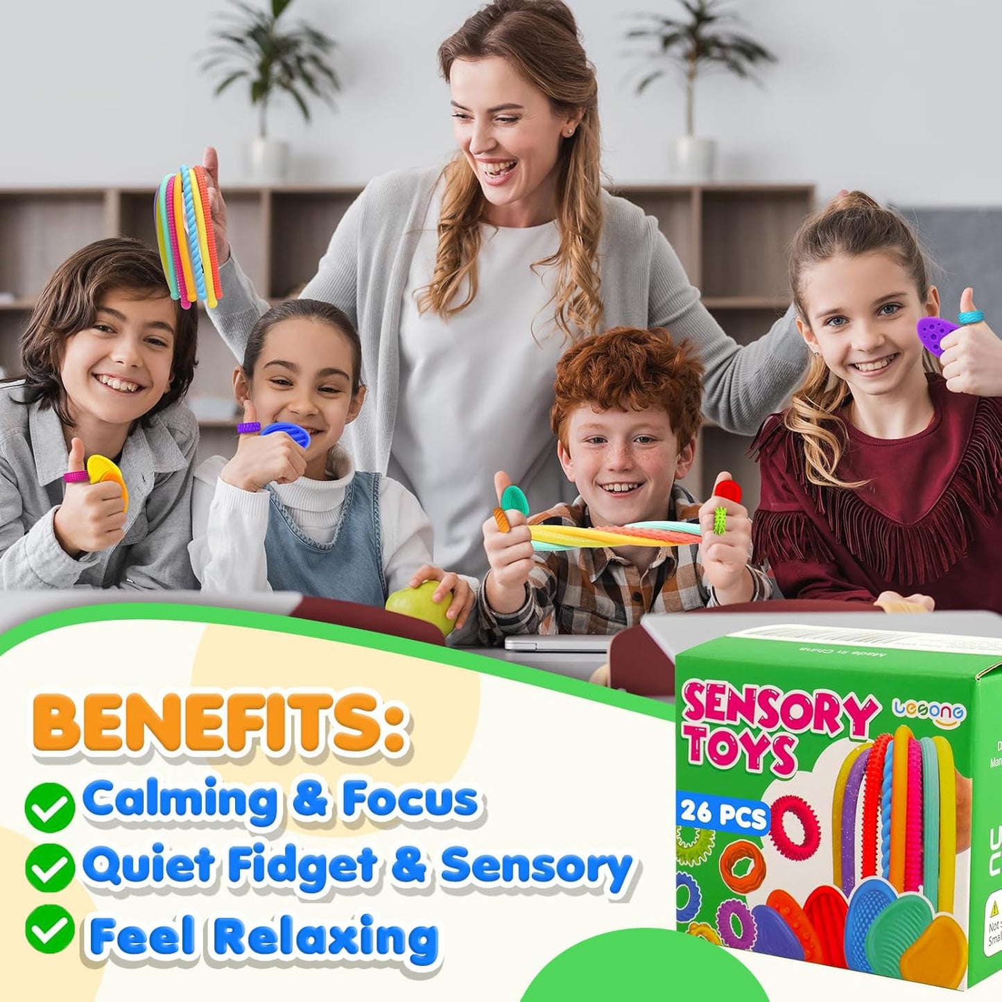 Fidget Sensory Toys for Kids: 26 Pack Quiet Squishy Fidgets for Classroom Students Prizes- Textured Soft Fidget Rings Stretchy Strings for Autism - Office Desk Toddler Travel Fidget Box,Easter Gifts
