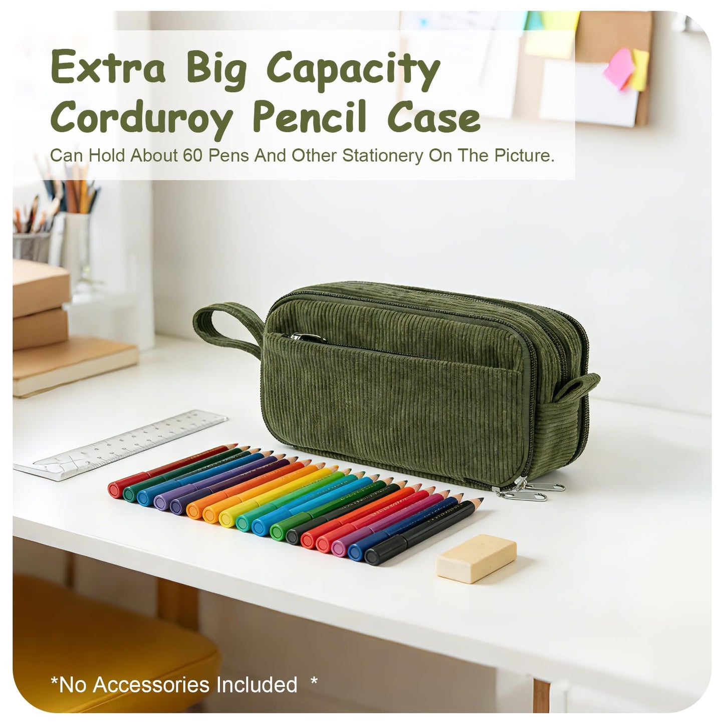 BuyCard Large Capacity Corduroy Pencil Case, Green Zipper Pouch, Aesthetic Pen Pouch, Supplies Organizer for Teen Girls Boys Women Men, Teacher Appreciation Gifts, Fathers Day Gift