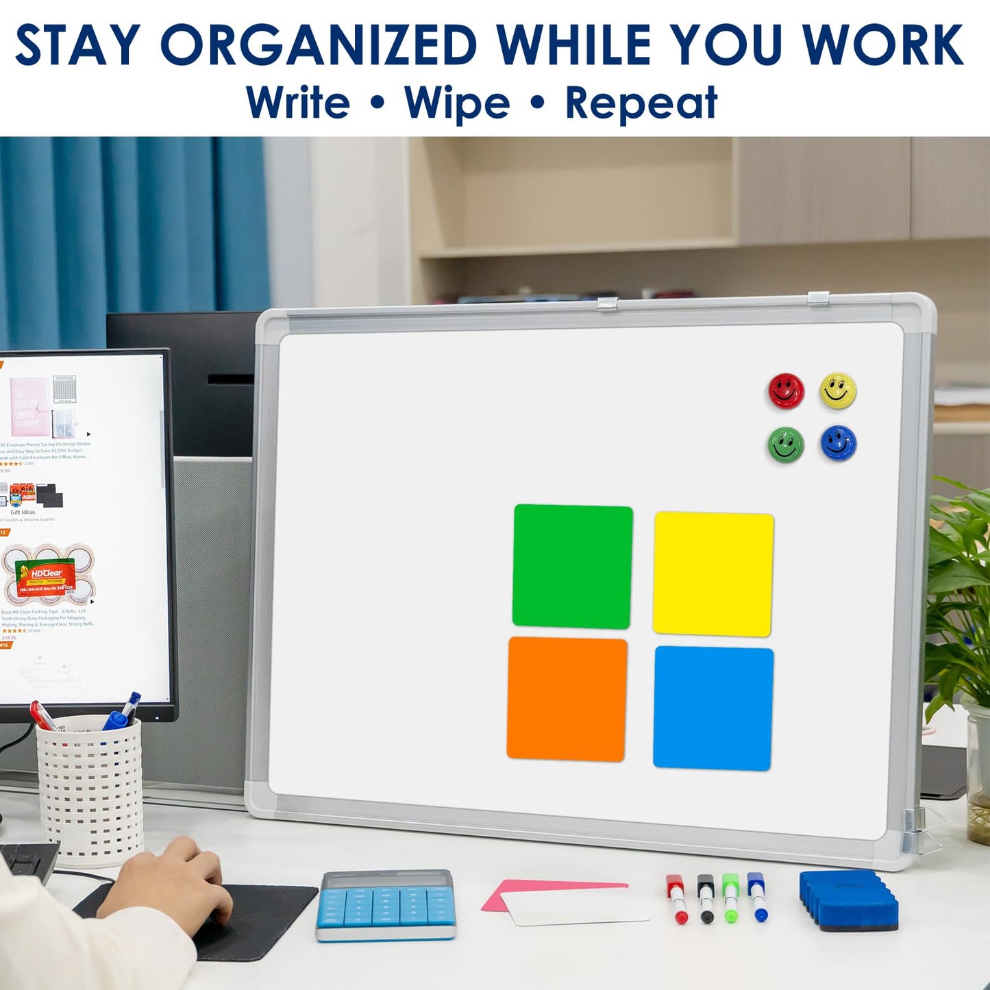 Whiteboard Set - 24 x 18 in Dry Erase Board with 1 Magnetic Eraser, 4 Dry Wipe Markers, 4 Magnets and 6 Magnetic Labels - Wall Hanging Reminder Kanban White Board for Home and Office (24x18 inch)
