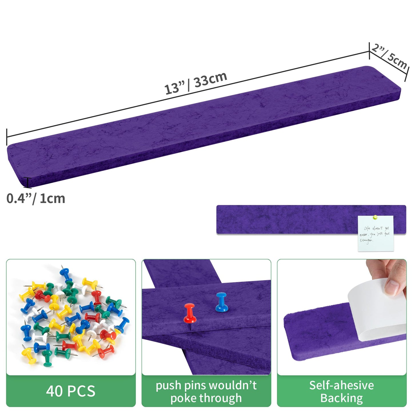 GoTiling Cork Board for Walls - 8 Pack Felt Pin Board Bar Strips - Self-Adhesive Lightweight Bulletin Board - Cork Board for Office with 40 Push Pins No Damage for Wall (Violet)