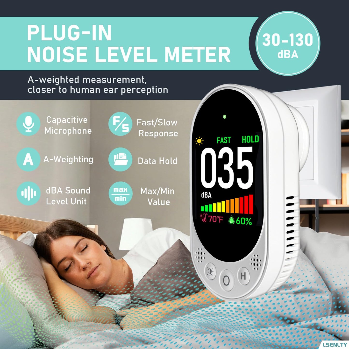 LSENLTY Decibel Meter Plug-in Wall, 30-130dBA Sound Level Meter, Data Hold&Max/Min&Fast/Slow Response 3-in-1 Noise Detector(TEM&Humidity), A-Weighted Noise Measuring Device for Classroom Home Library