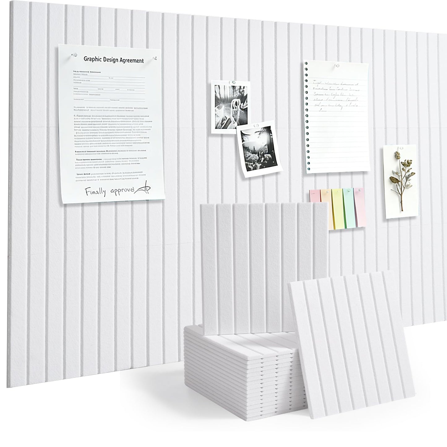 Slat Felt Wall Tiles (12 Pack) - 11.8"x11.8" Self-Adhesive Bulletin Board for Wall, Acoustic Panels for Sound Dampening, Modern Black Pin Board, Home Office Decor (30x30cm)