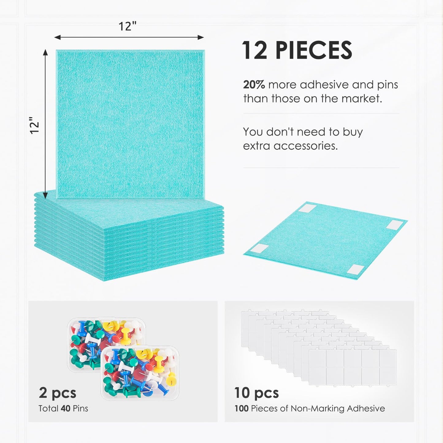 Large Cork Board for Walls 48"x36" |Cork Board Alternative| 12 Pack Felt Wall Tiles| Baby Blue Bulletin Board with Removable Adhesive | Cork Boards Pinboard for Office Home Classroom，Baby Blue