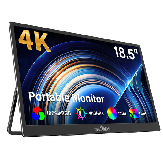 InnoView 4K Portable Monitor 18.5" 3840x2160 UHD USB-C HDMI for Laptop, 400 nits IPS Computer Gaming Display HDR Travel Monitor with W/180°Adjustable Stand for Desktop Mac Phones Tablet PS5/4 Switch