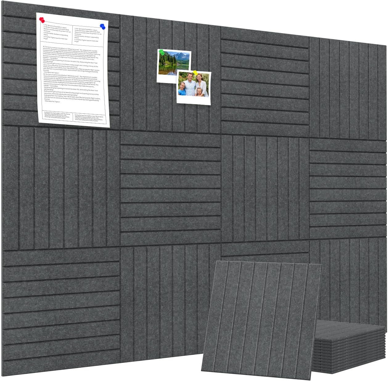 Large Cork Board Alternative 48” X 36” Felt Bulletin Board Tiles, with 30 Pushpins, 60 Adhesive Tabs,12-Pack Slat Wall Paneling, Cork Boards for Office Push Pin Board Felt Board - Dark Gray