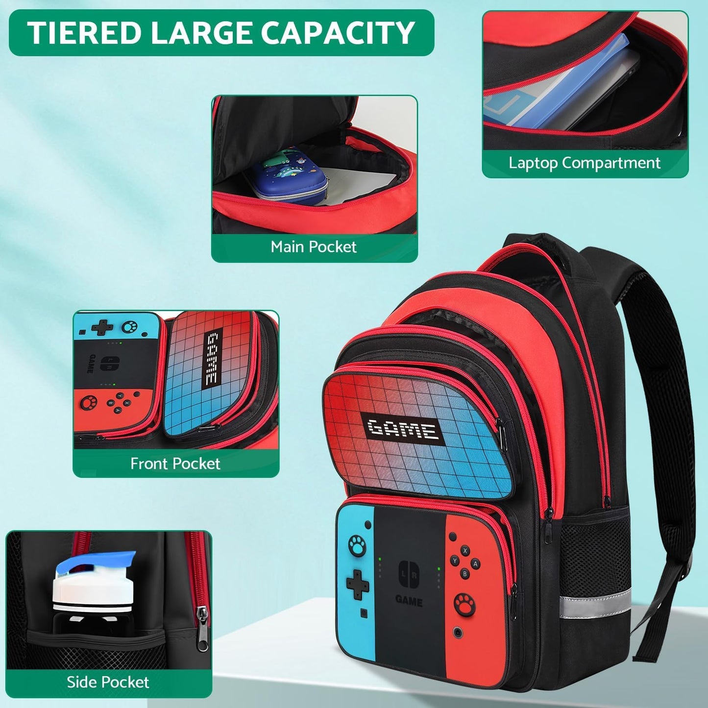JIRAIKEI Kids Backpack for Boys,3pcs Boys Backpack with Lunch Box Set for Children Teens Elementary Middle School,Gamer Bookbag Ages 6-18,School Bookbag Travel Back Pack,17″ Large Capacity