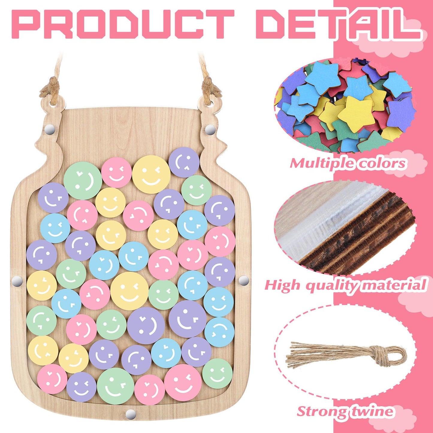 Zhanmai 11.57 x 8.66" Classroom Reward Jar for Kids Behavior Chart for Classroom Star Reward System Hanging Wooden Home Behavior Jar for Boys Girl Management Board Tools Incentive(Smiling Face,Wood)
