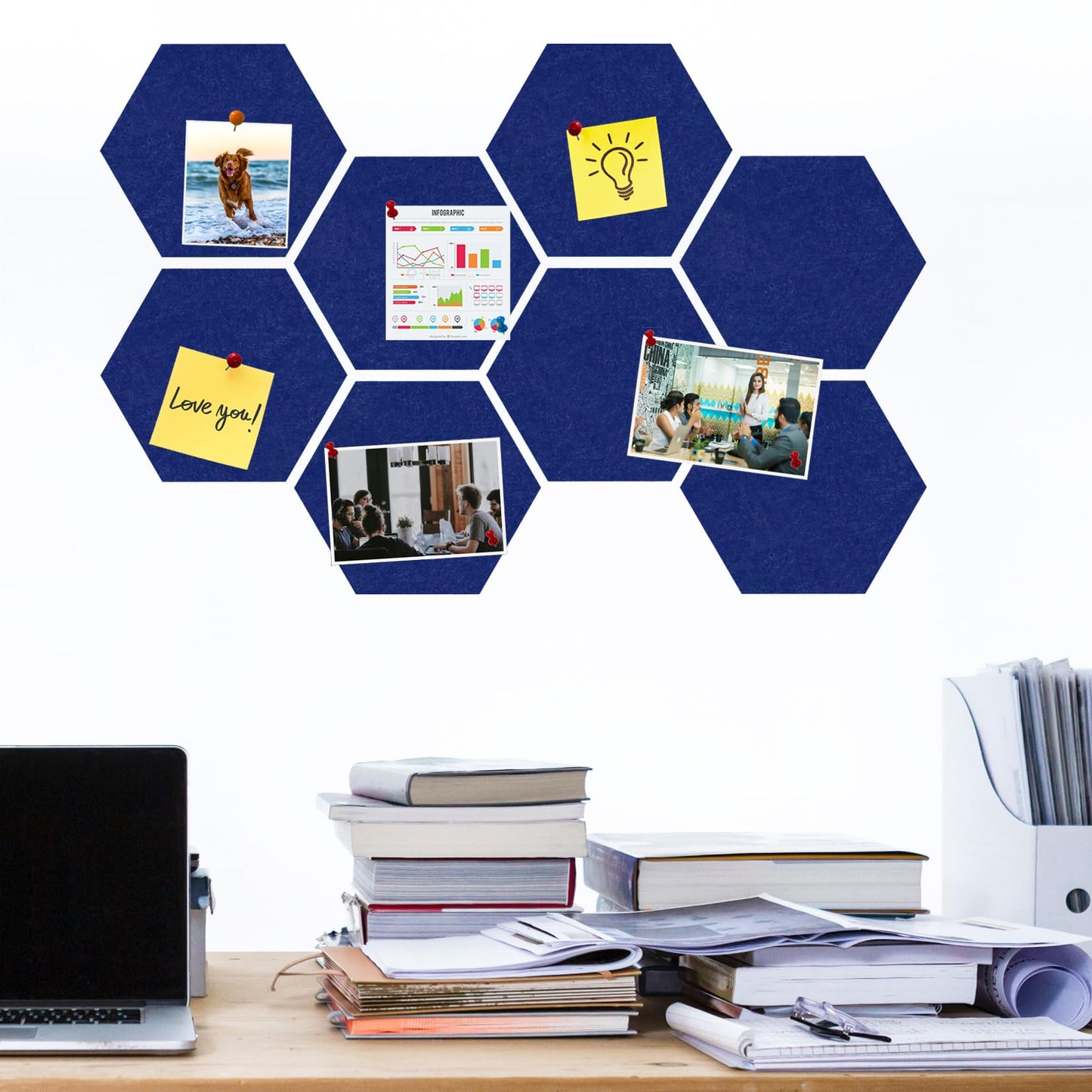 HULAVO Large Hexagon Felt Cork Board Tiles, Self Adhesive DIY Felt Bulletin Board Pin Board with 35 Pushpins for Office School Home Wall Decor Stickers Memos Photos Display(Dark Blue)