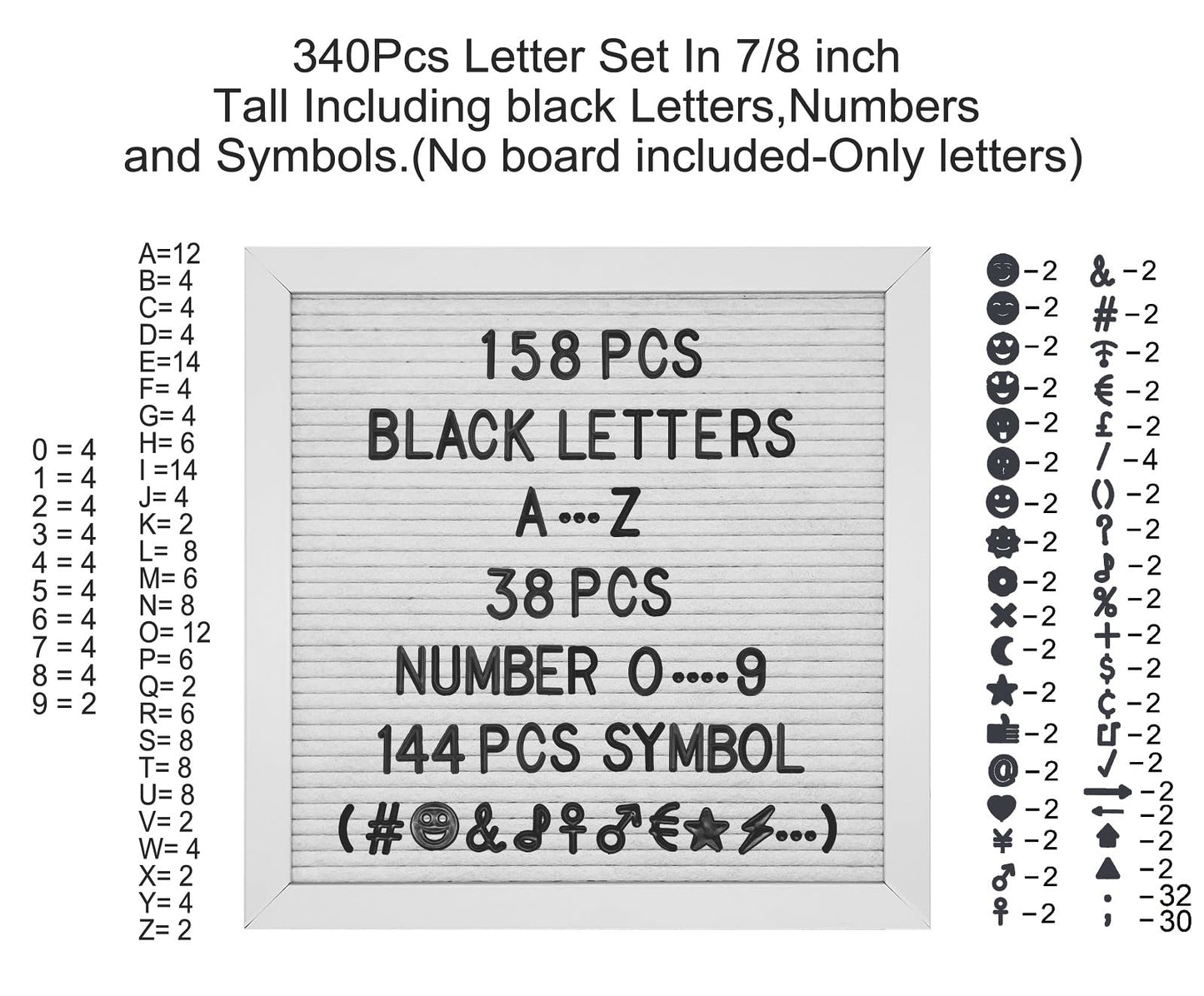 G GAMIT Felt Letter Board Letters Set, Pre-Cut 340pcs 7/8 inch(0.875") Black Letters Only(No Board Included)
