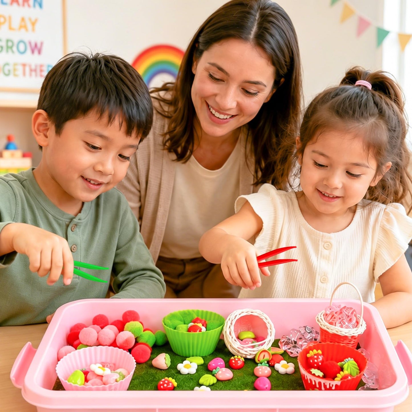 Cinrobiye 192 Pcs Strawberry Theme Activity Fillers Set with Storage Box, Summer Fruit Accessories, Artificial Grass Mat, Flowers, Pompoms and Decorative Materials for Classroom Home Activities