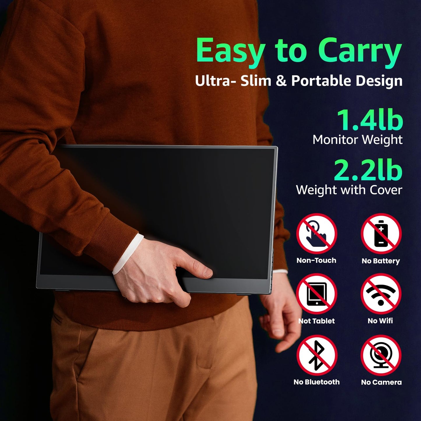 kksmart Portable Monitor for Laptop MacBook Surface PC Xbox PS5, Travel Monitor Second Screen for Laptop, HDMI USB-C VESA Compatible Built-in Speaker, 15.6