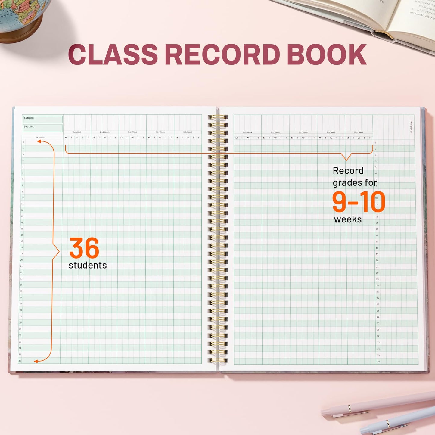 SUNEE Teacher Class Record Book for 9-10 weeks, 36 Names, 8.5x11 Inch, 104 Pages(52 Sheets), 100gsm Thick Paper, Larger Grade Recording up to 36 Students with Water-Resistant Plastic Cover,Pink Marble