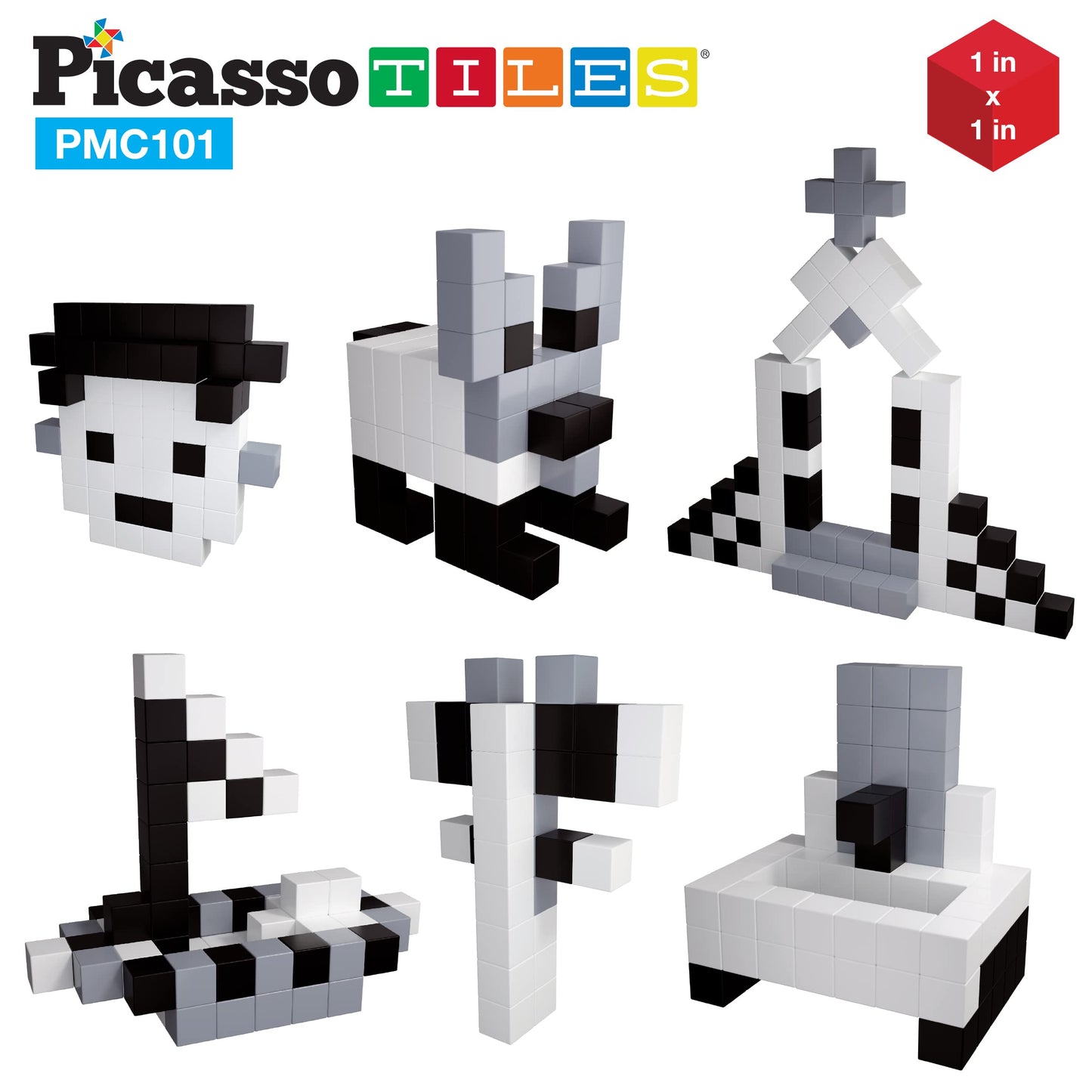 PicassoTiles 101pc Magnetic Puzzle Cube Set Black and White 1 Inch Construction Blocks STEM Educational Toy for Kids Age 3 Plus Sensory Learning Kit with Idea Book for Building and Creativity PMC101